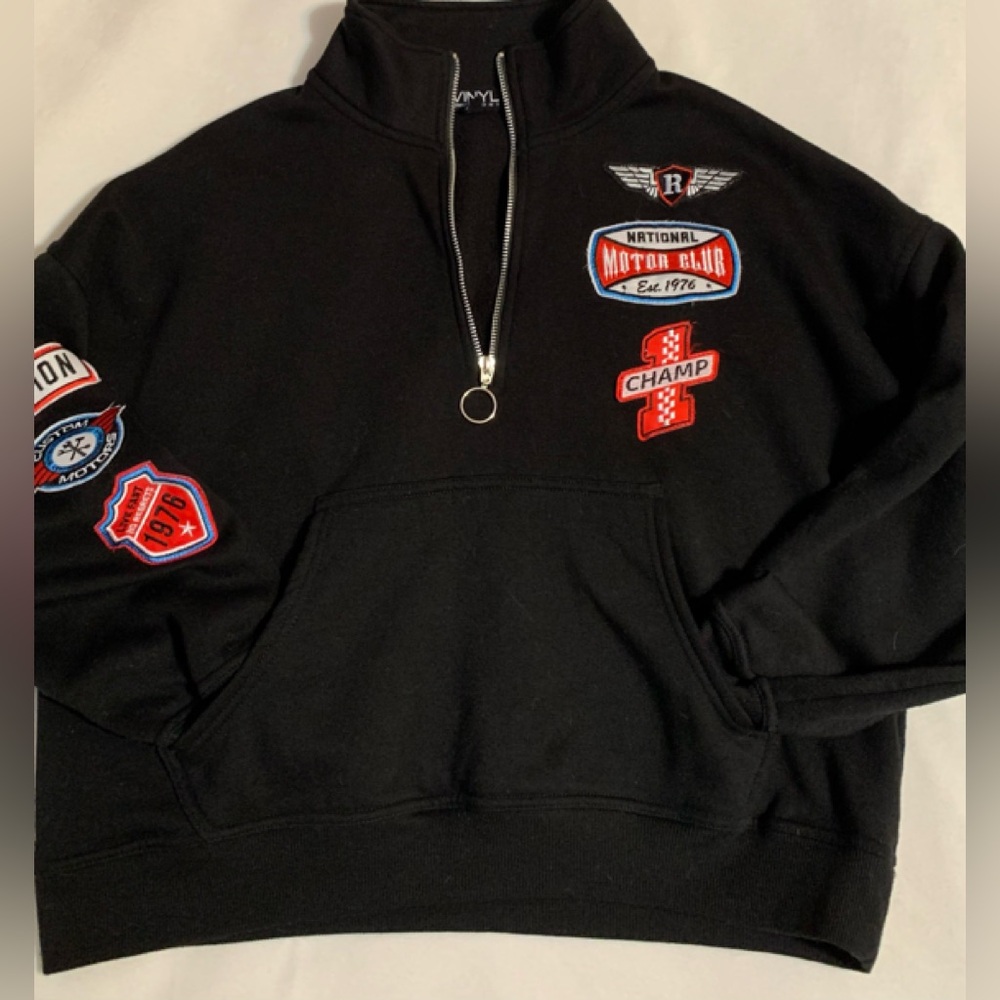 VINYL ICON 60% cotton black 1/4 zip racing embroidered sweatshirt VGUC S…